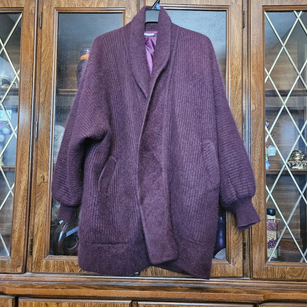 STILLMAN Studio 80% Angora Soft Fur Dark Burgundy Cardigan Sweater